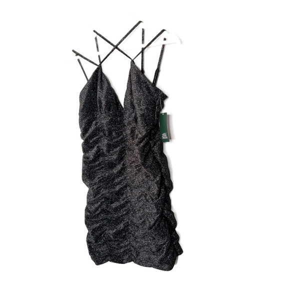 NWT Wild Fable Black Sparkle Ruched Bodycon Mini Dress Spaghetti Straps V Neck - Picture 7 of 16